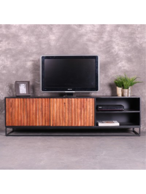 Tv meubel zwart 190 cm breed met bruine deuren.